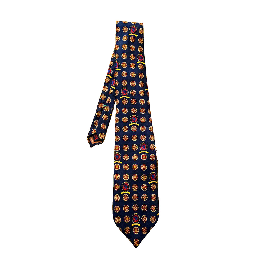 Vintage Tommy Hilfiger Mens Tie Navy with TH Crest Geometric Pattern